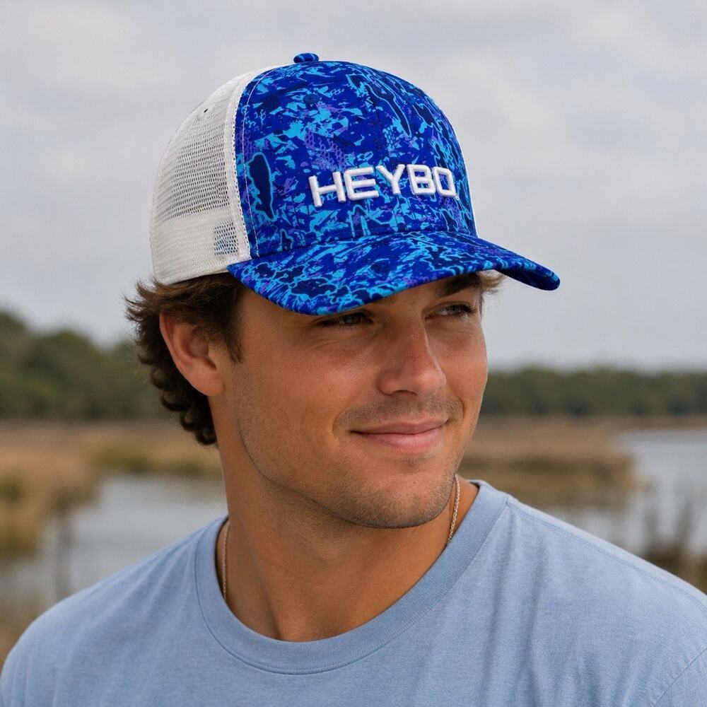 HEYBO Outdoors Trucker Hat Blue Camo Fishing Hunting White Mesh Snapback Cap